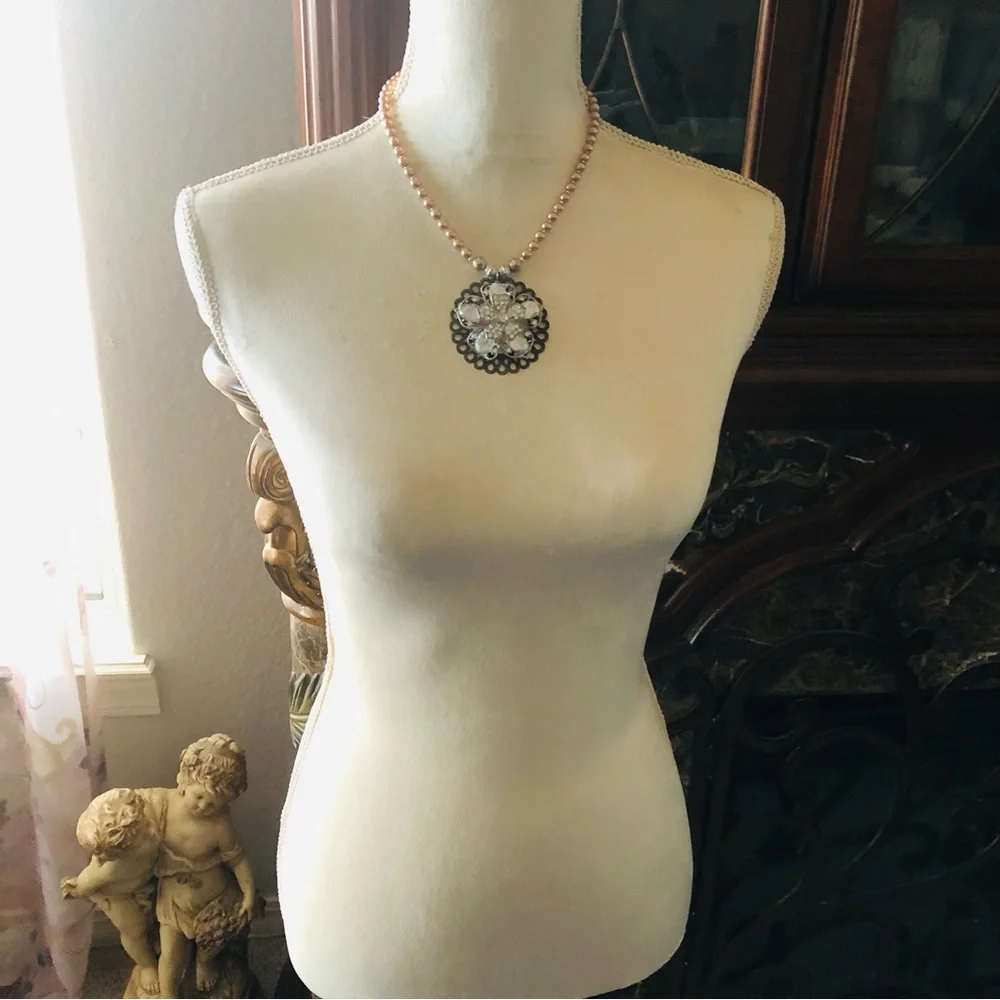 Handcrafted repurpose floral stone filigree pendant Czech glass Pearl necklace